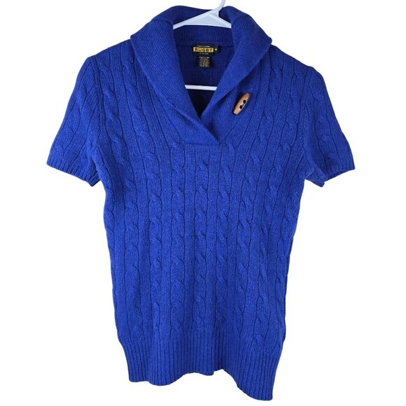Vintage Ralph Lauren Rugby Short Sleeve Toggle Sweater Cable Knit Shawl Collar M - Picture 1 of 6